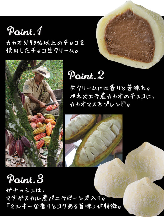 カカオ分70%以上のチョコを使用したチョコ生クリーム。生クリームには香りと苦味を。ベネズエラ産カカオのチョコに、カカオマスをブレンド。ガナッシュは、マダガスカル産バニラビーンズ入り。「ミルキーな香りとコクある旨味」が特徴。